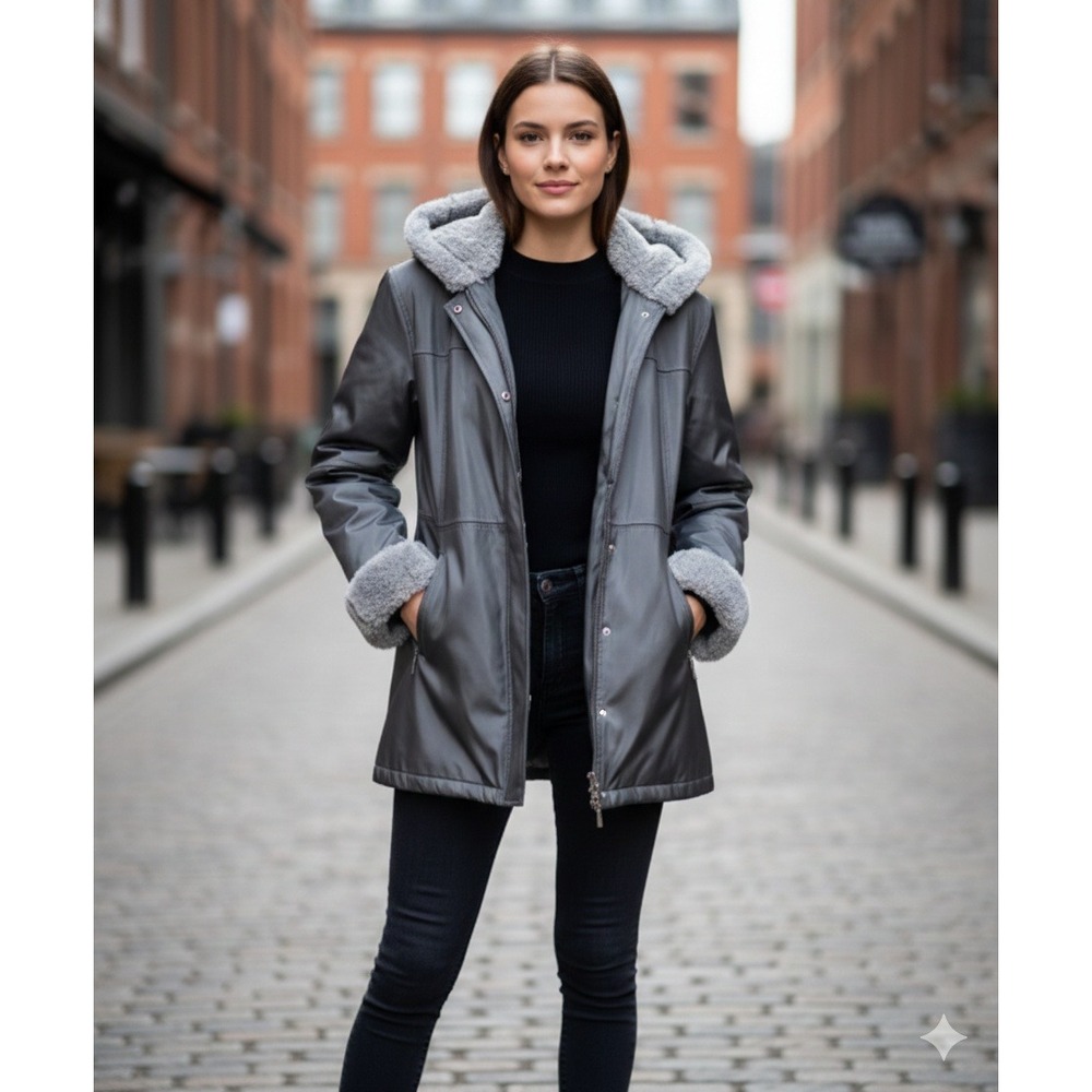 Y2K Vegan Metallic Leather Jacket Women Sz L Gunmetal Gray Faux Fur Trim Hooded